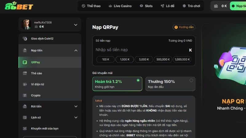 Nạp tiền 86Bet đa dạng các phương thức thanh toán cho người chơi lựa chọn phù hợp